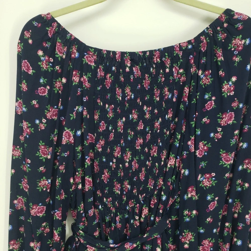 Old Navy Puff Sleeve Floral Smocked Wrap Blouse Top Women L Navy Long Sleeve